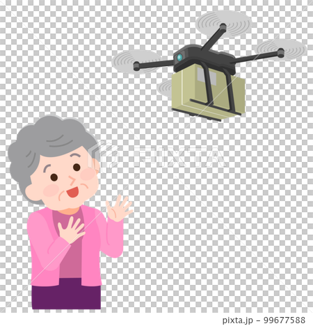 宅配便を届ける運搬ドローン　助かる高齢女性　イラスト 99677588