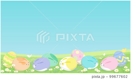 イースターの背景イラスト　ウサギの模様が描かれた卵と春の花が咲く野原 99677602