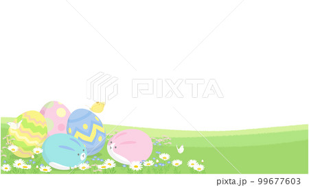 イースターの背景イラスト　ウサギの模様が描かれた卵と春の花が咲く野原 99677603