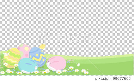イースターの背景イラスト　ウサギの模様が描かれた卵と春の花が咲く野原 99677603
