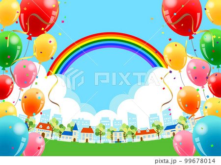 虹と風船の初夏の賑やか街並み背景ヨコ 99678014