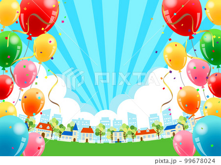 集中線つき初夏の賑やか街並み背景ヨコ 集中線つき初夏の賑やか街並み背景ヨコ 99678024