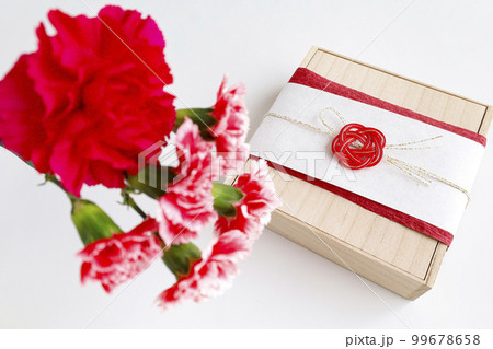 カーネーションの花束と和風ラッピングをしたプレゼント 99678658