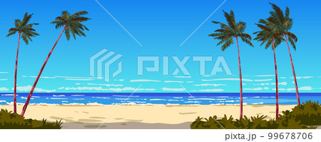 Ocean view on the sand beach, palms, seashore, horizon Ocean view on the sand beach, palms, seashore, horizon 99678706