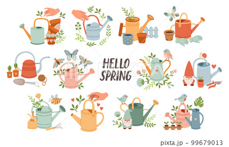 Spring mood set template. Welcome spring season invitation. Minimalist postcards with leaves, watering can.  99679013