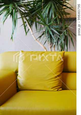 modern yellow sofa with pillows in living room at home modern yellow sofa with pillows in living room at home 99680796