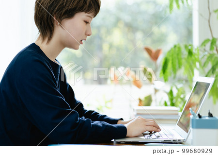 在宅勤務をする若い女性 在宅勤務をする若い女性 99680929