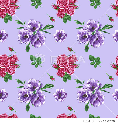 Handdrawn roses and anemons seamless pattern. Watercolor purple and pink flowers composition with green leaves on the purple background. Scrapbook design, typography poster, label, banner, textile. 99680990