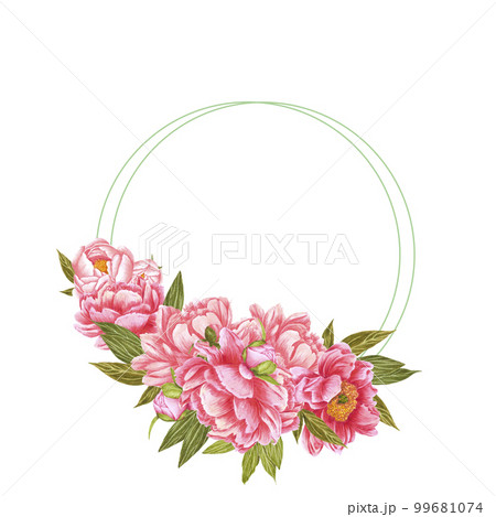 Handdrawn Watercolor pink peony flowers frame with green leaves and buds on the white background. Scrapbook design, wedding invitation, label, banner, post card. Handdrawn Watercolor pink peony flowers frame with green leaves and buds on the white background. Scrapbook design, wedding invitation, label, banner, post card. 99681074