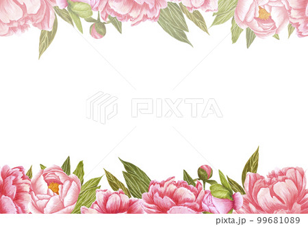 Handdrawn Watercolor pink peony flowers frame with green leaves and buds on the white background. Scrapbook design, wedding invitation, label, banner, post card. Handdrawn Watercolor pink peony flowers frame with green leaves and buds on the white background. Scrapbook design, wedding invitation, label, banner, post card. 99681089