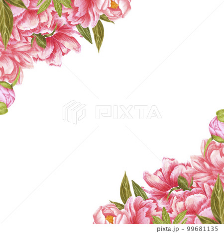 Handdrawn Watercolor red peony flowers frame with green leaves and buds on the white background. Scrapbook design, wedding invitation, label, banner, post card. Handdrawn Watercolor red peony flowers frame with green leaves and buds on the white background. Scrapbook design, wedding invitation, label, banner, post card. 99681135