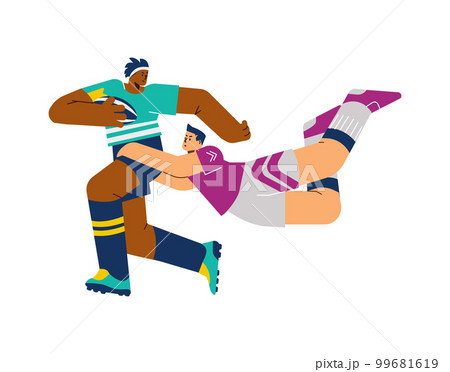 Rugby team players in motion flat cartoon vector illustration isolated on white. 99681619