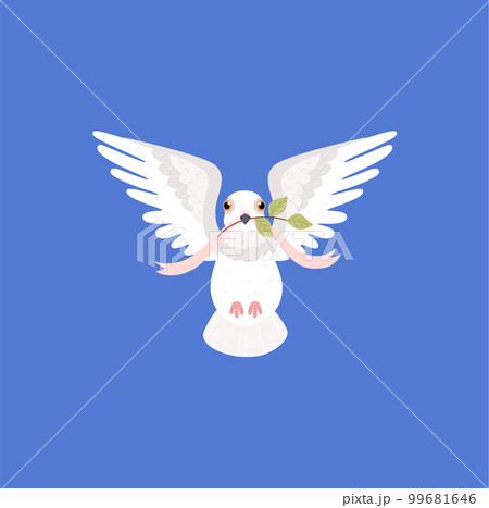 White flying pigeon flying and holding in beak pink ribbon and twig front view flat style White flying pigeon flying and holding in beak pink ribbon and twig front view flat style 99681646