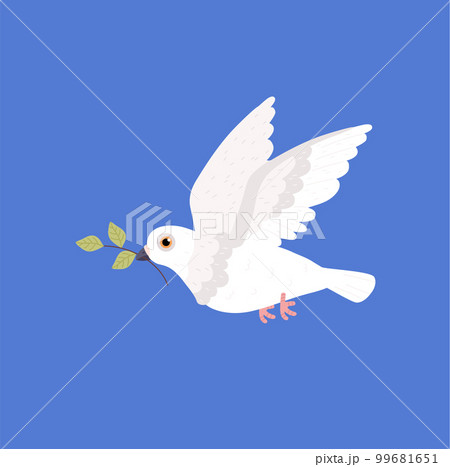 White flying pigeon holding twig with leaves in beak side view flat style White flying pigeon holding twig with leaves in beak side view flat style 99681651