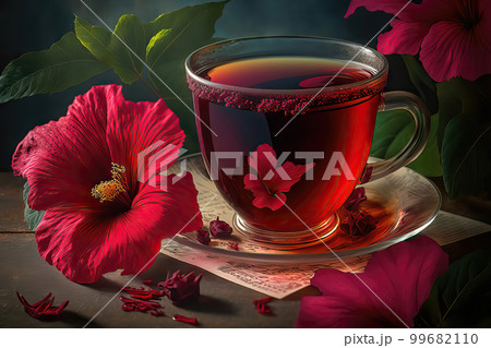 AI generated tea karkade, hibiscus tea with fresh flowers 99682110