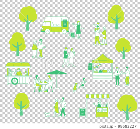 緑の木々とマルシェで賑わう人々の背景素材 緑の木々とマルシェで賑わう人々の背景素材 99682227