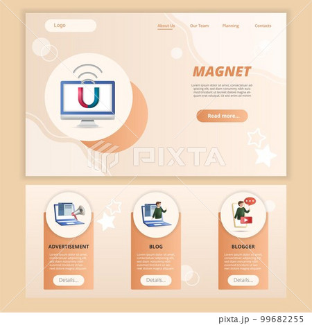 Magnet flat landing page website template. Advertisement, blog, blogger. Web banner with header, content and footer. Vector illustration. Magnet flat landing page website template. Advertisement, blog, blogger. Web banner with header, content and footer. Vector illustration. 99682255