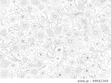 花　シンプル、線画、ナチュラル　美しい線画のボタニカル背景素材　 99682369