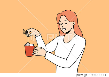 Smiling woman make tea in cup 99683371