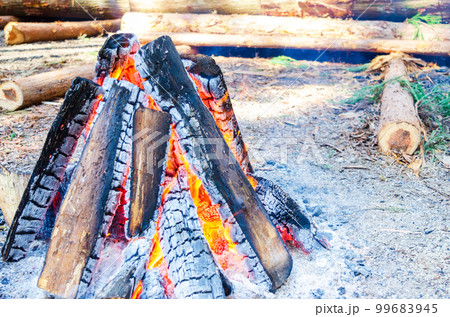 燃え盛る焚き火 99683945
