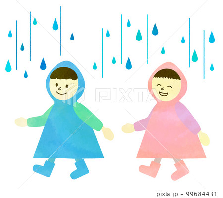 イラスト素材　レインコートを着た子供の水彩風イラスト 99684431