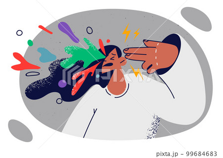 Unhappy woman puts fingers to temple making gesture of gun with spreading multi-colored splashes 99684683
