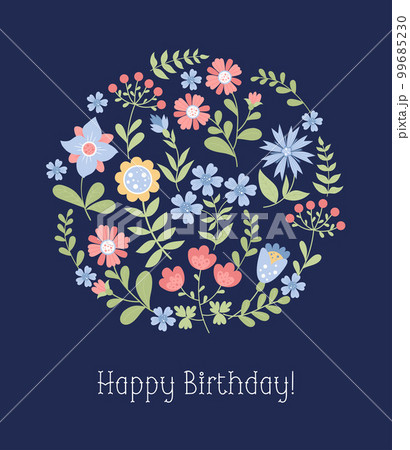 Happy birthday greeting card. Ball of decorative flowers with leaves on blue background. Vector illustration in flat style. 99685230