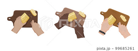 Diverse hands cutting crispy bread. Top view 99685261
