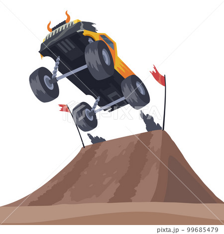Jumping monster truck show. Bright colorful cartoon auto with big wheels. Car with large tires for rally 4x4 computer or mobile game. Vector cartoon illustration 99685479