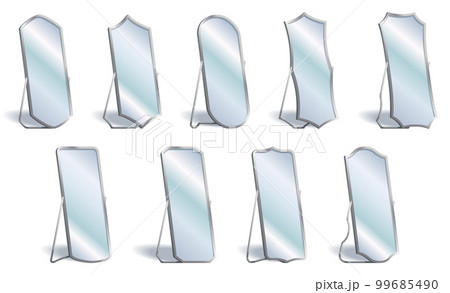 Home floor mirror icon set with metal frame furniture. Hallway, bedroom interior design elements. Full-length dressing room decor. Illustration isolated on white background 99685490