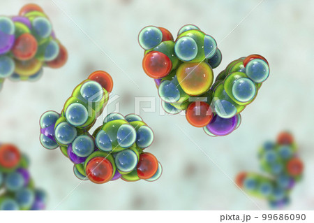 Molecular model of amoxicillin, an antibiotic used to treat a number of bacterial infections, including pneumonia, dental abscesses and urinary tract infections, 3D illustration 99686090