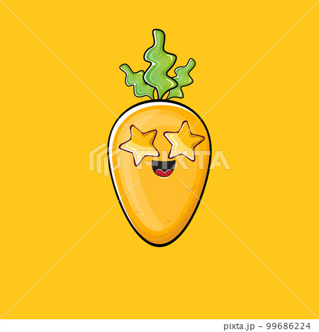 Carrot character. Cartoon orange carrot isolated on orange background. Funky vegetable character with eyes and mouth. Vector white teabag clip art, emoji, label and sticker 99686224