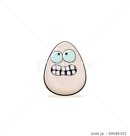 Egg character. Cartoon white egg isolated on white background. Funky food egg character with eyes and mouth. Vector white egg clip art, emoji, label and sticker 99686302