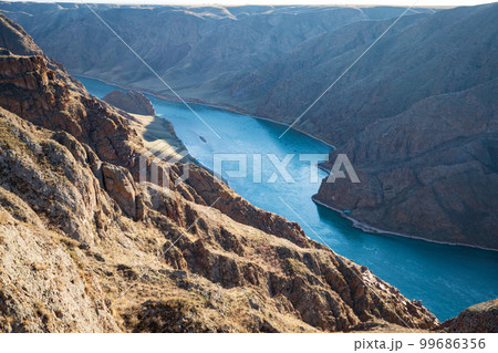River view in rocky gorge terrain, middle asian scenery landscape from Kazakhstan 99686356