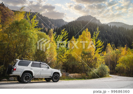 A white crossover 4x4 car driving on the countryside asphalt road against a autumn forest in mountains, sky with clouds and a beautiful sunset 99686360