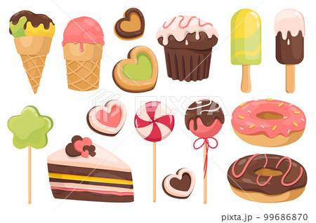 Sweets and dessert set graphic elements in flat design. Bundle of different types of ice creams, cupcake, lollipops, cookie, donuts, cake and other confectionery. Vector illustration isolated objects 99686870