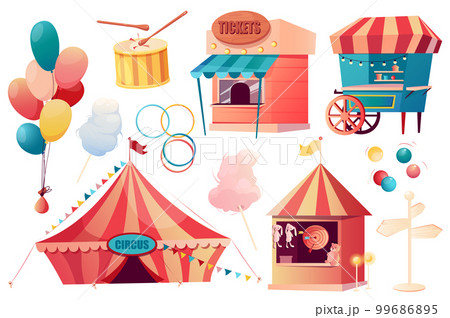 Circus set graphic elements in flat design. Bundle of stalls with tickets, food kiosk, balloons, cotton candy, pointer, shooting gallery, carnival circus marquee. Vector illustration isolated objects 99686895