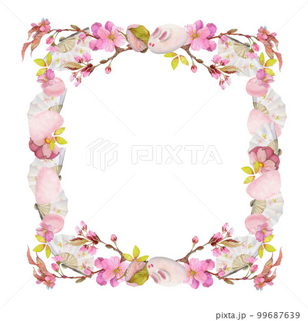Watercolor hand drawn traditional Japanese sweets. Square frame of spring wagashi with sakura. Isolated on white background. Design for invitations, restaurant menu, greeting cards, print, textile 99687639