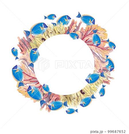 Round frame with underwater corals and blue exotic fish on a white background. Watercolor illustration of underwater plants and animals. The bottom of the oceans. Suitable for design, invitations. 99687652