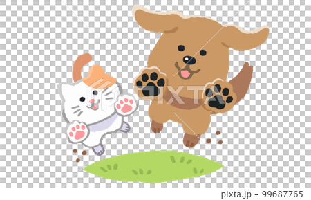 芝生で走る犬と猫（手描きカラー） 99687765