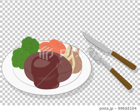 Hamburger and vegetable garnish on a plate Hamburger and vegetable garnish on a plate 99688104