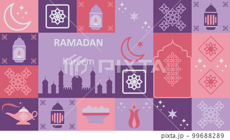 Ramadan Kareem. Islamic banner template with ramadan for wallpaper design. Traditional patterns and elements. Mosaic geometric illustration. Vector Ramadan Kareem. Islamic banner template with ramadan for wallpaper design. Traditional patterns and elements. Mosaic geometric illustration. Vector 99688289
