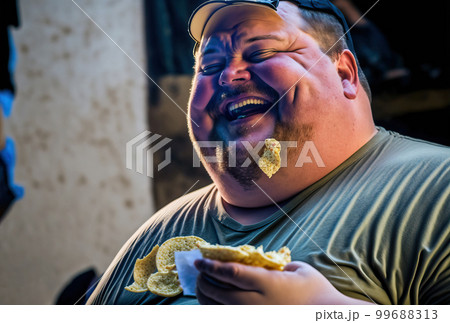 ポテトチップスを食べる太った男性 99688313