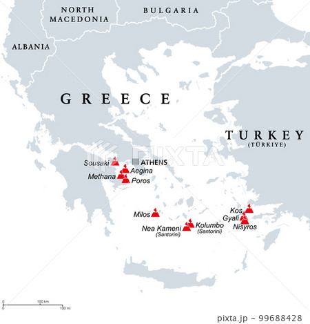 Greece, active and extinct volcanoes in the Aegean Sea region, political map. The latest eruption occured on the Greek island Santorini, Nea Kameni a round, flooded caldera erupted in the year 1950. 99688428