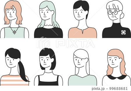 髪型や服装の様々な女性たち【白背景】 99688681