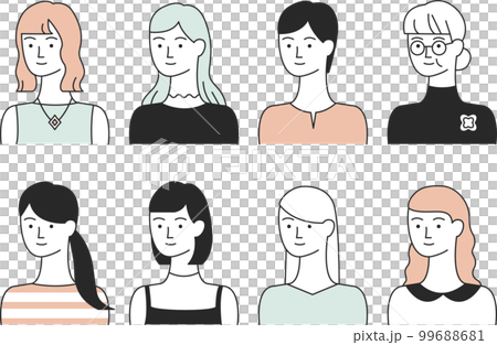 髪型や服装の様々な女性たち【白背景】 99688681