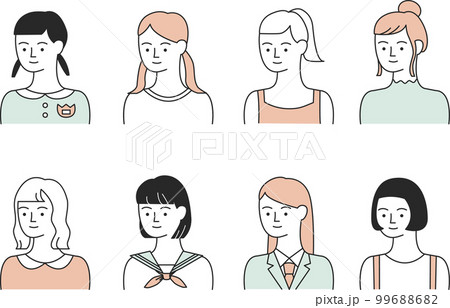 髪型や服装の様々な若い女性たち【白背景】 99688682