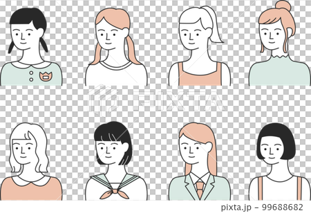 髪型や服装の様々な若い女性たち【白背景】 99688682