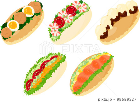 唐揚げや卵やエビやミートボールなどを使った美味しそうな可愛いコッペパンサンドのアイコン 唐揚げや卵やエビやミートボールなどを使った美味しそうな可愛いコッペパンサンドのアイコン 99689527