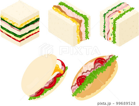 ポテトサラダや卵やベーコンやツナやレタスなどを使った美味しそうな可愛いサンドイッチのアイコン 99689528